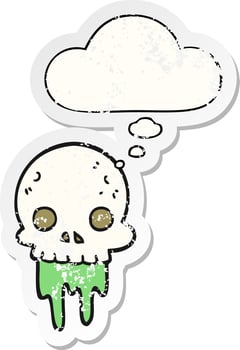 cartoon spooky halloween skull and thought bubble as a distressed worn sticker vector