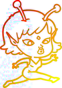 warm gradient line drawing pretty cartoon alien girl running vector