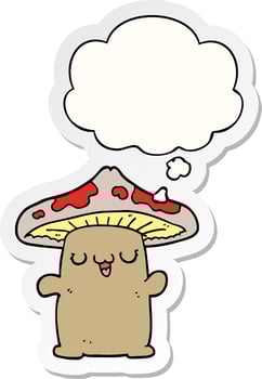 cartoon mushroom creature and thought bubble as a printed sticker vector