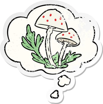 cartoon mushrooms and thought bubble as a distressed worn sticker vector