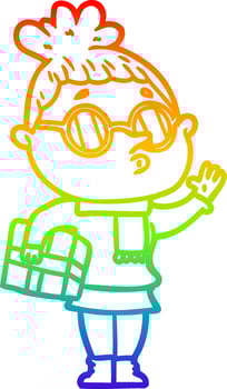 rainbow gradient line drawing cartoon woman wearing glasses vector