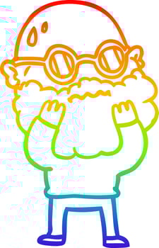 rainbow gradient line drawing cartoon worried man with beard and spectacles vector