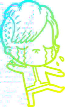 cold gradient line drawing cartoon crying girl wearing space clothes vector