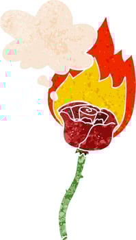 cartoon flaming rose and thought bubble in retro textured style vector