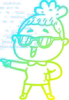cold gradient line drawing cartoon happy woman wearing spectacles vector