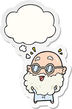 cartoon surprised old man and thought bubble as a printed sticker vector