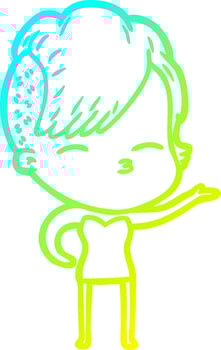 cold gradient line drawing cartoon squinting girl vector