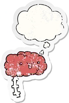 happy cartoon brain and thought bubble as a distressed worn sticker vector