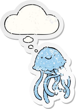 cartoon happy jellyfish and thought bubble as a distressed worn sticker vector