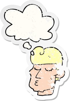cartoon handsome man and thought bubble as a distressed worn sticker vector