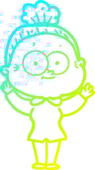 cold gradient line drawing cartoon happy old woman vector