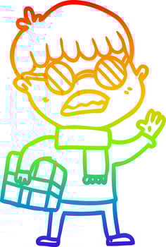 rainbow gradient line drawing cartoon boy holding gift and wearing spectacles vector