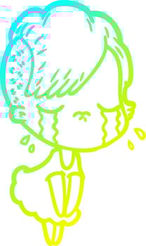 cold gradient line drawing cartoon crying girl vector