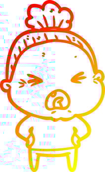 warm gradient line drawing cartoon angry old woman vector