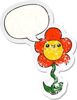 cartoon flower and speech bubble distressed sticker vector