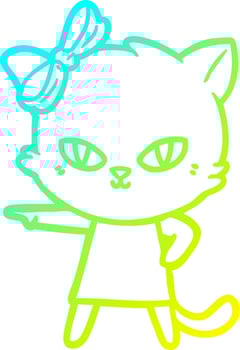 cold gradient line drawing cute cartoon cat wearing dress vector