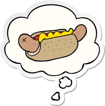 cartoon hot dog and thought bubble as a printed sticker vector