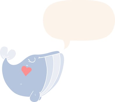 cartoon whale and love heart and speech bubble in retro style vector