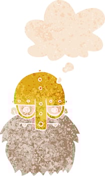 cartoon viking face and thought bubble in retro textured style vector