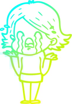 cold gradient line drawing cartoon woman crying vector