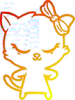 warm gradient line drawing cute cartoon cat with bow vector