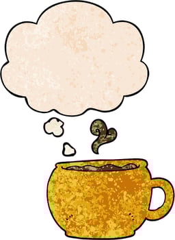 cartoon coffee cup and thought bubble in grunge texture pattern style vector