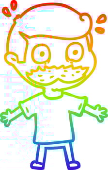 rainbow gradient line drawing cartoon man with mustache shocked vector