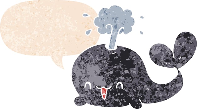cartoon whale and speech bubble in retro textured style vector