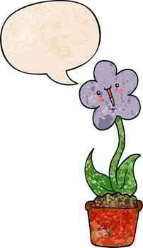 cute cartoon flower and speech bubble in retro texture style vector