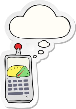 cartoon science equipment and thought bubble as a printed sticker vector