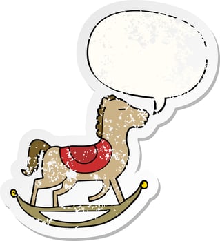 cartoon rocking horse and speech bubble distressed sticker vector