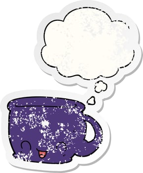 cartoon cup of coffee and thought bubble as a distressed worn sticker vector