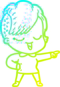 cold gradient line drawing happy cartoon girl pointing vector