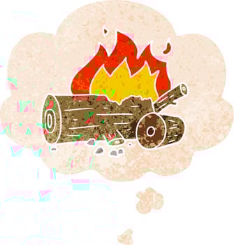 cartoon camp fire and thought bubble in retro textured style vector