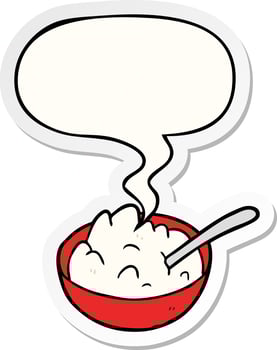 cartoon bowl of porridge and speech bubble sticker vector