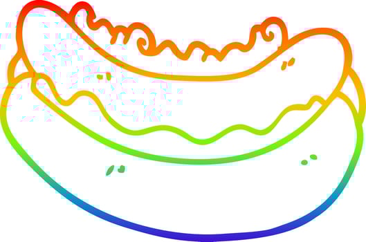 rainbow gradient line drawing cartoon hotdog in a bun vector