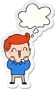 cartoon laughing boy and thought bubble as a printed sticker vector