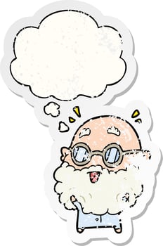 cartoon surprised old man and thought bubble as a distressed worn sticker vector