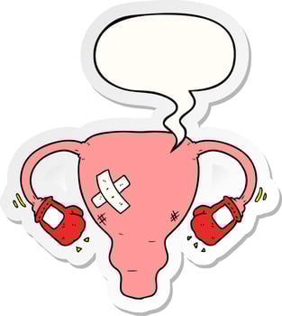 cartoon beat up uterus and boxing gloves and speech bubble sticker vector