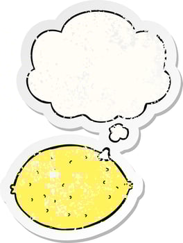 cartoon lemon and thought bubble as a distressed worn sticker vector