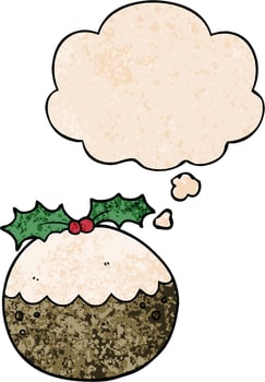 cartoon christmas pudding and thought bubble in grunge texture pattern style vector