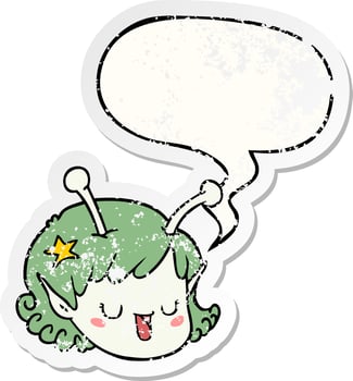 cartoon alien space girl face and speech bubble distressed sticker vector