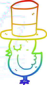 rainbow gradient line drawing cartoon bird wearing top hat vector