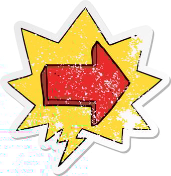 cartoon pointing arrow and speech bubble distressed sticker vector
