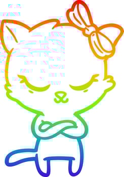rainbow gradient line drawing cute cartoon cat with bow vector