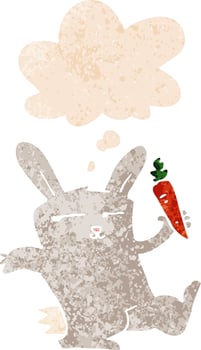 cartoon rabbit with carrot and thought bubble in retro textured style vector