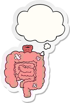 cartoon repaired intestines and thought bubble as a printed sticker vector
