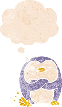 cartoon penguin tapping foot and thought bubble in retro textured style vector