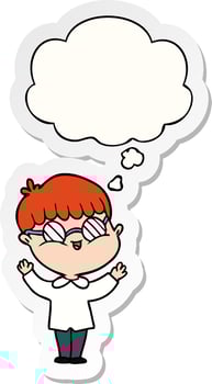 cartoon boy wearing spectacles and thought bubble as a printed sticker vector