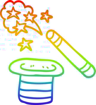 rainbow gradient line drawing cartoon magicians hat and wand vector